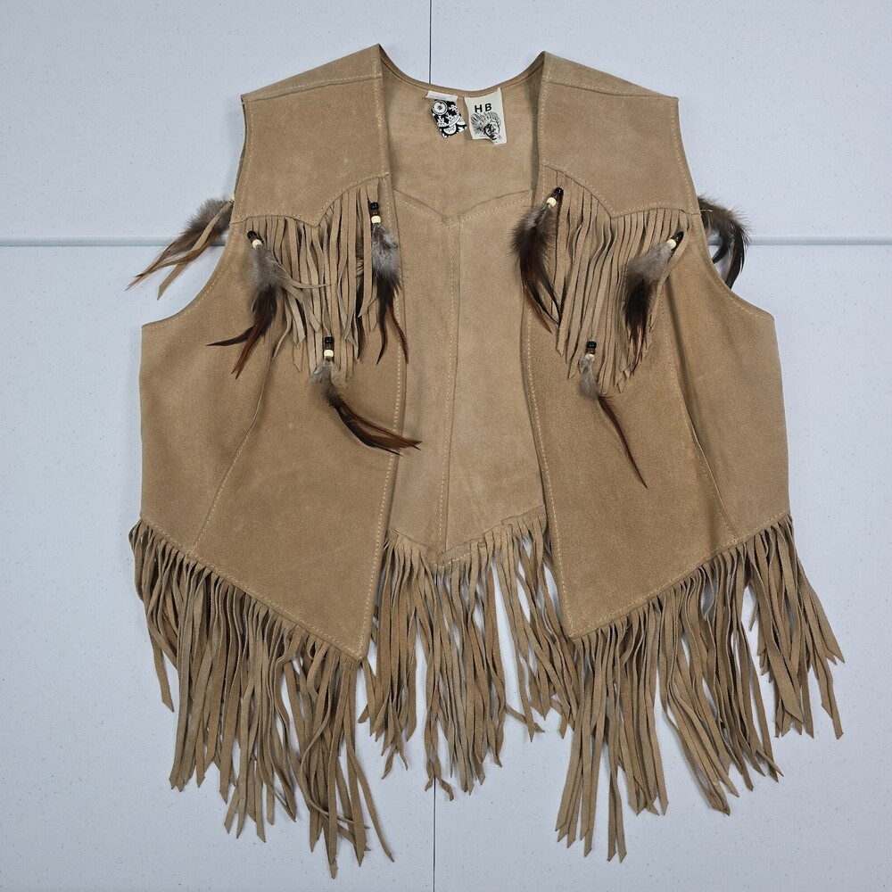 Vintage HB Native American Tasseled Feathered Fringe Tan Suede Leather Vest XL